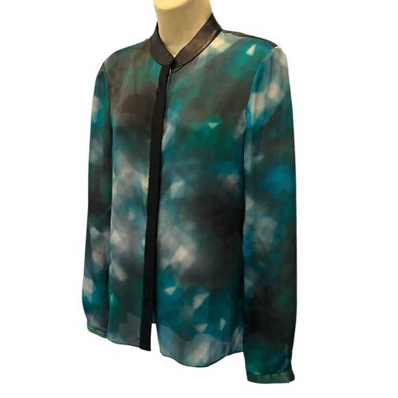 ELIE TAHARI Chelsea Turquoise Black 100% Silk Lamb Leather Shirt Blouse - Picture 3 of 11